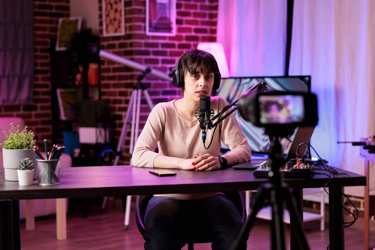 Une femme qui enregistre dans un studio video de podcast